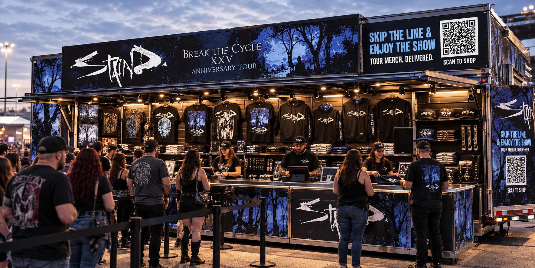 Staind Break the Cycle XXV merch trailer concept at a venue